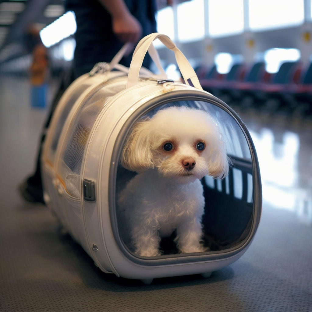 A small dog in a crate at the airport